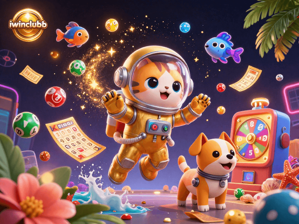 Experience the excitement of iwinclubb with a vibrant 3D illustration featuring lottery balls and a bingo card.