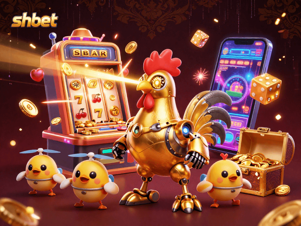 Engage with shbet's exciting casino landscape featuring golden rooster robot and jackpot treasures.