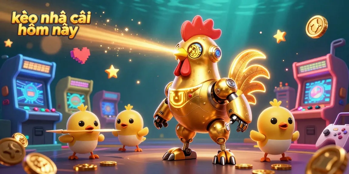 Engage with kèo nhà cái hôm nay featuring a dynamic golden rooster robot in a vibrant casino scene.