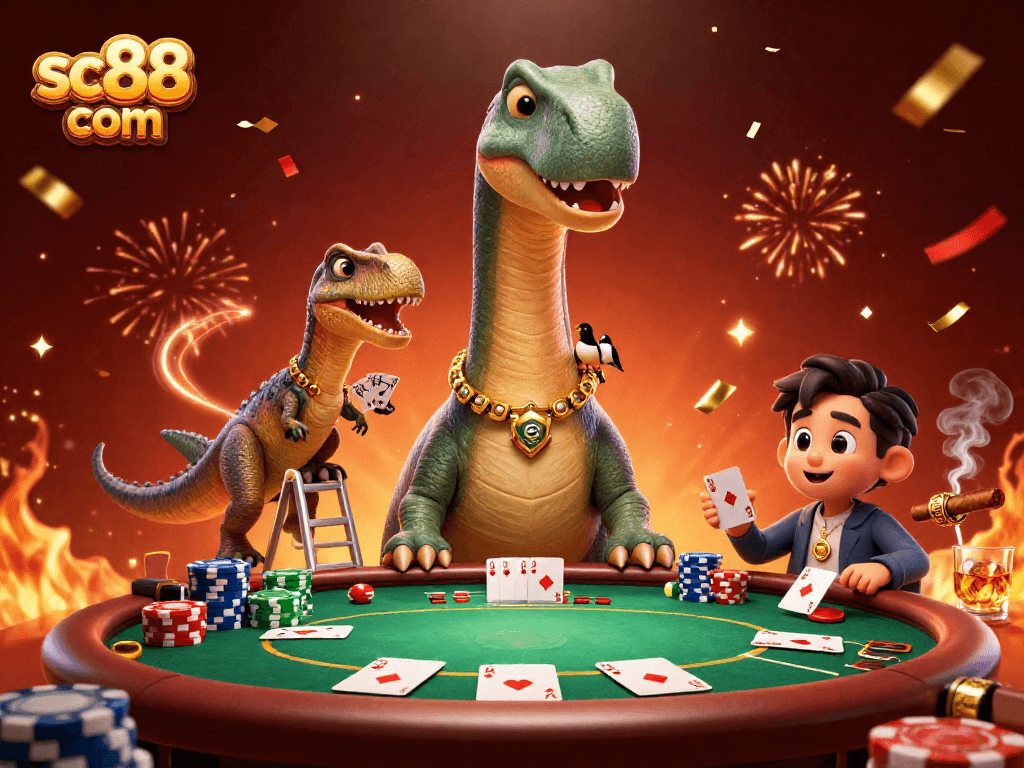 Engage with sc88 com in a vibrant casino scene featuring a playful brontosaurus and raptor.