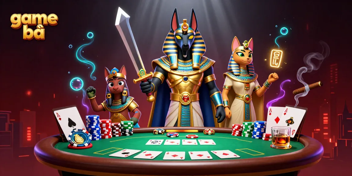 Play game bài amidst vibrant poker action featuring Anubis and Bastet in a dynamic casino scene.