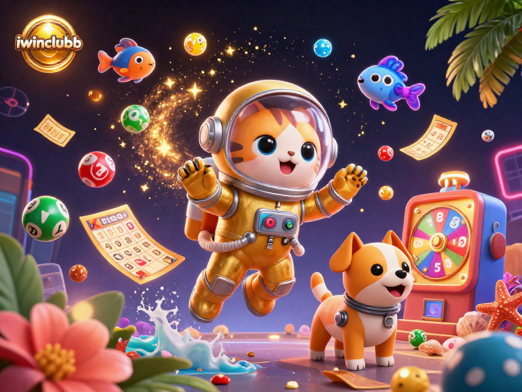 Experience the excitement of iwinclubb with a vibrant 3D illustration featuring lottery balls and a bingo card.
