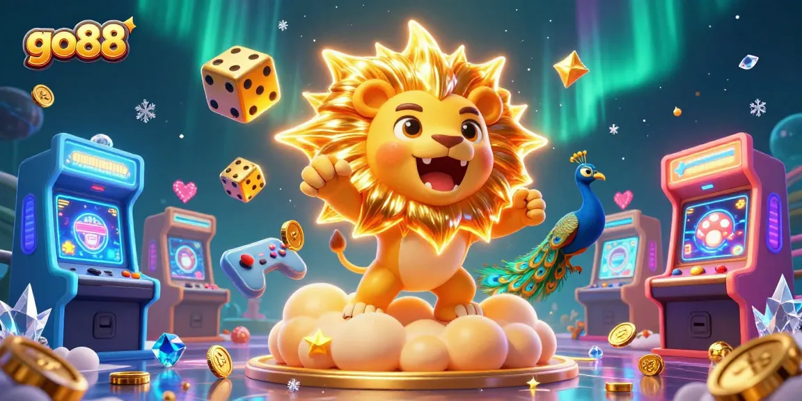 Spin to win with go88 in this vibrant 3D casino scene featuring a roaring sun lion and giant golden dice.
