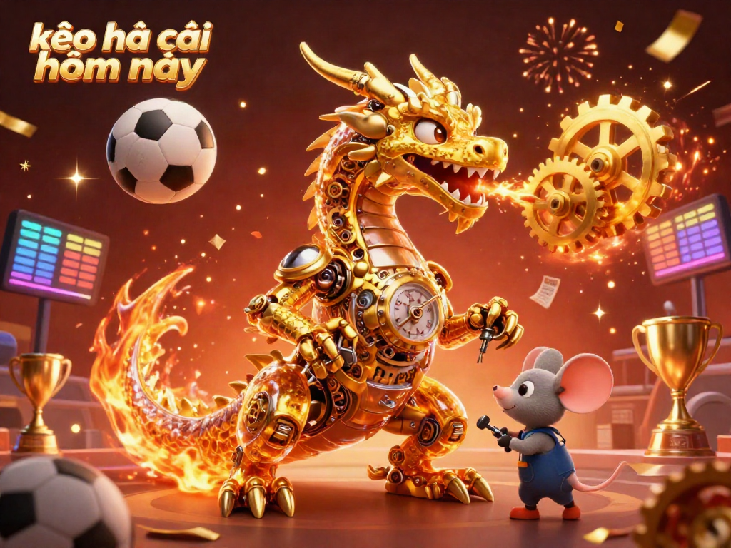 Engage with kèo nhà cái hôm nay sporting excitement through a 3D fantasy illustration involving a dragon and mouse engineer amidst lively betting elements.