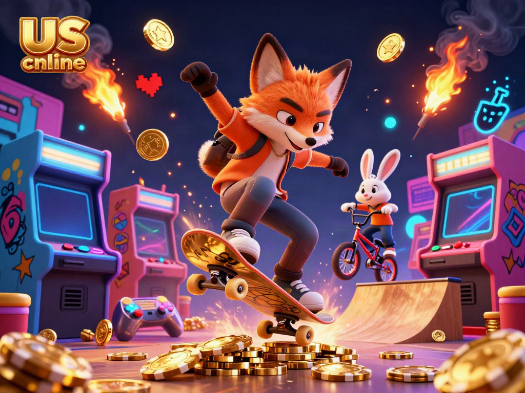 Experience vibrant action with a skateboarder fox in a casino-themed arcade, enjoying us online casino games.