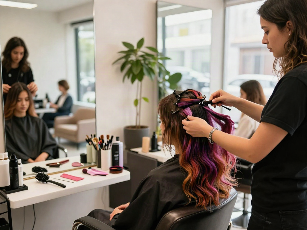 Stylist applying genius weft extensions in a bright salon, showcasing vibrant hair colors and a modern setting.