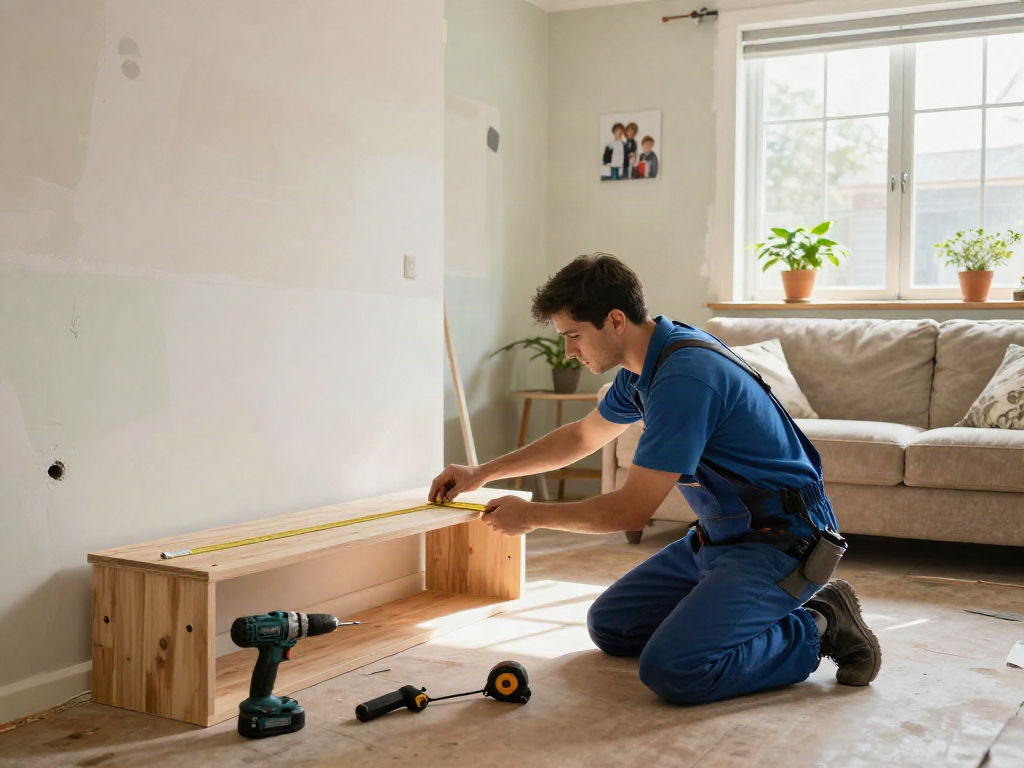 home repair services Des Moines Iowa in action with contractor measuring wood in a renovated living room