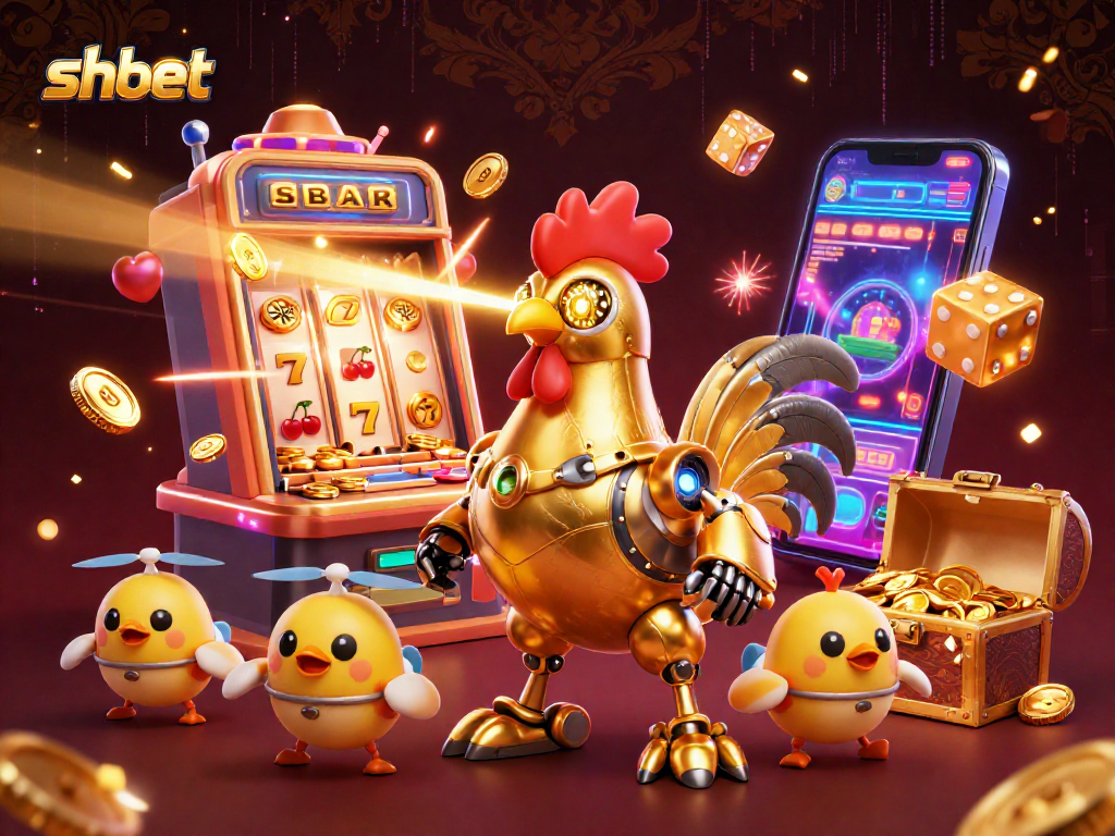 Engage with shbet's exciting casino landscape featuring golden rooster robot and jackpot treasures.