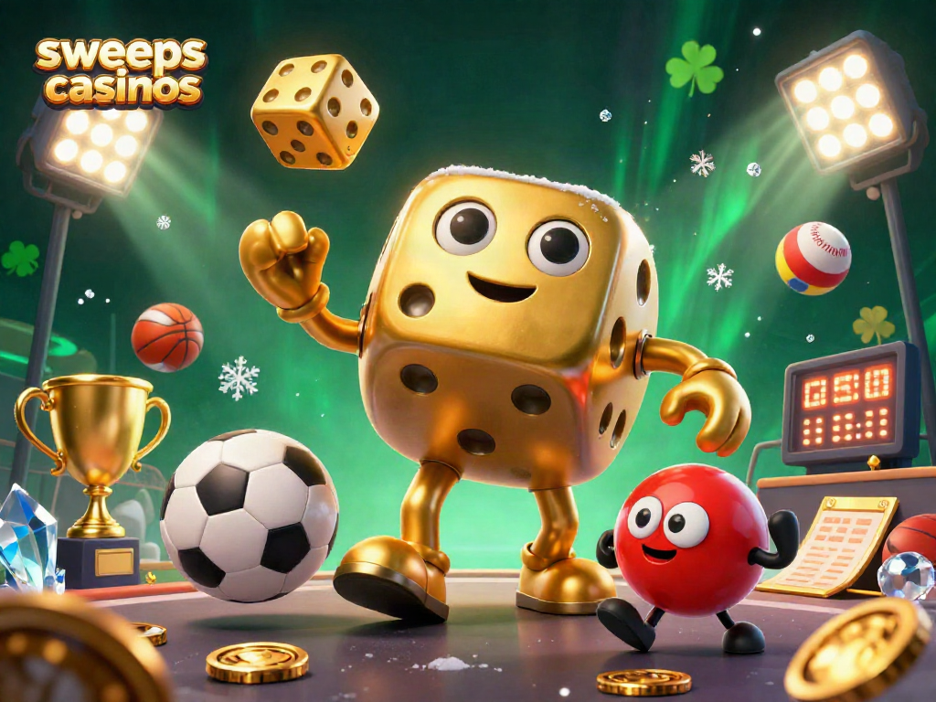 Engage with sweeps casinos featuring a lively golden dice golem juggling, surrounded by dynamic sports elements.