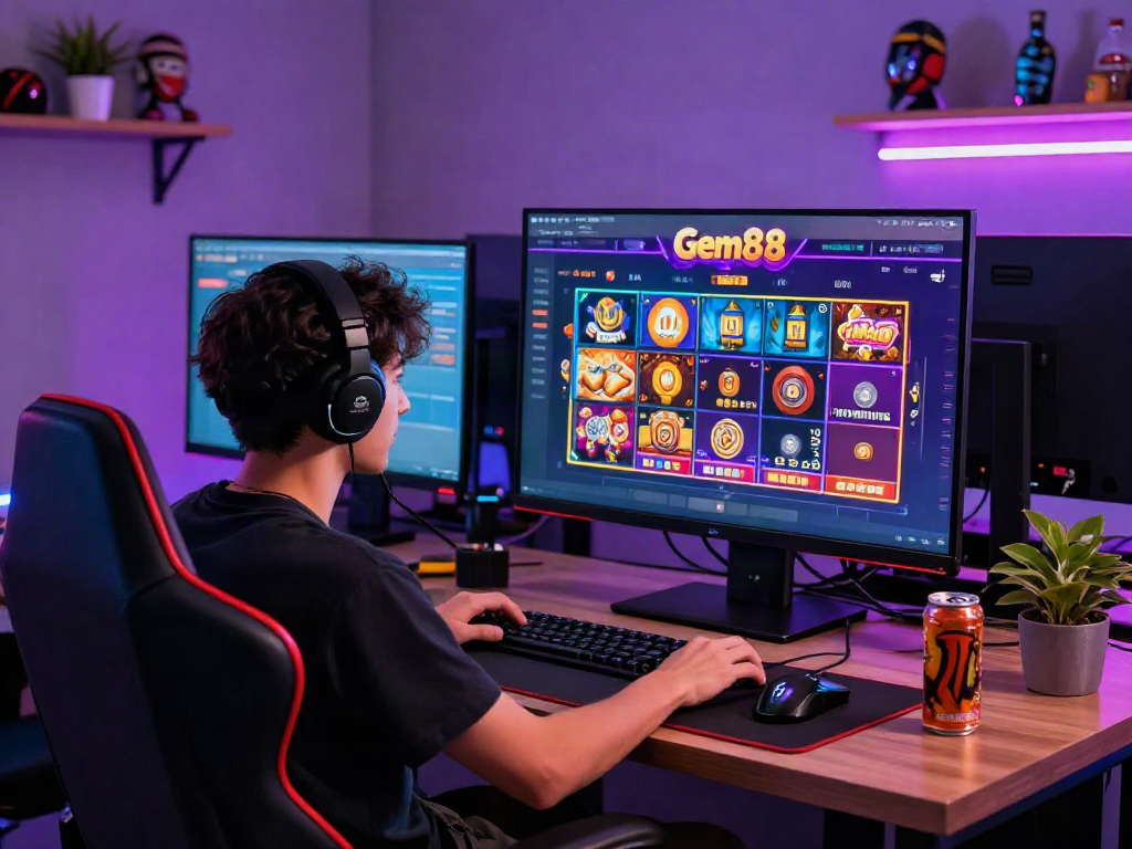 Player engaged with https://gem88.jpn.com/ interface in a vibrant online gaming setup, showcasing casino games and a dynamic atmosphere.