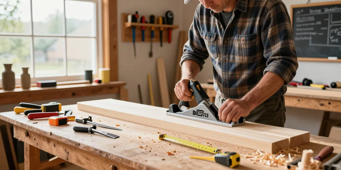 Dewalt DW733 in action as a woodworker planes pine wood in a cozy home workshop.