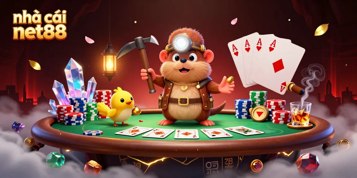 Join the adventure with nhà cái net88 as a treasure hunter celebrates wins amid golden gems and poker riches.