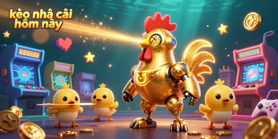Engage with kèo nhà cái hôm nay featuring a dynamic golden rooster robot in a vibrant casino scene.