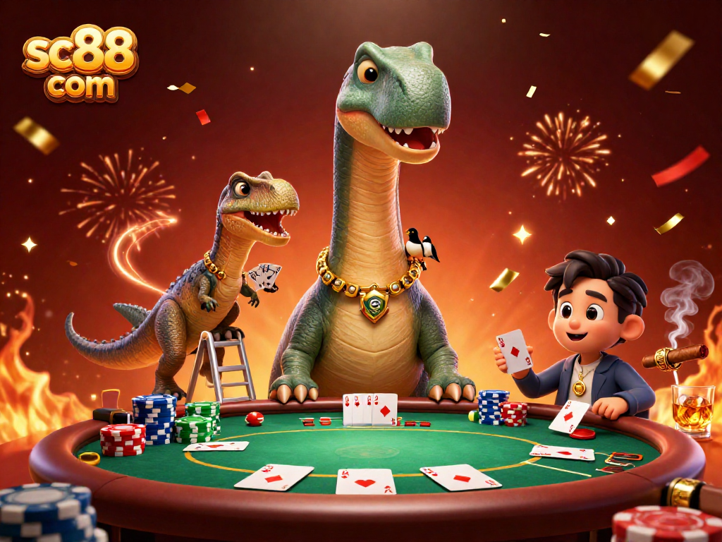 Engage with sc88 com in a vibrant casino scene featuring a playful brontosaurus and raptor.