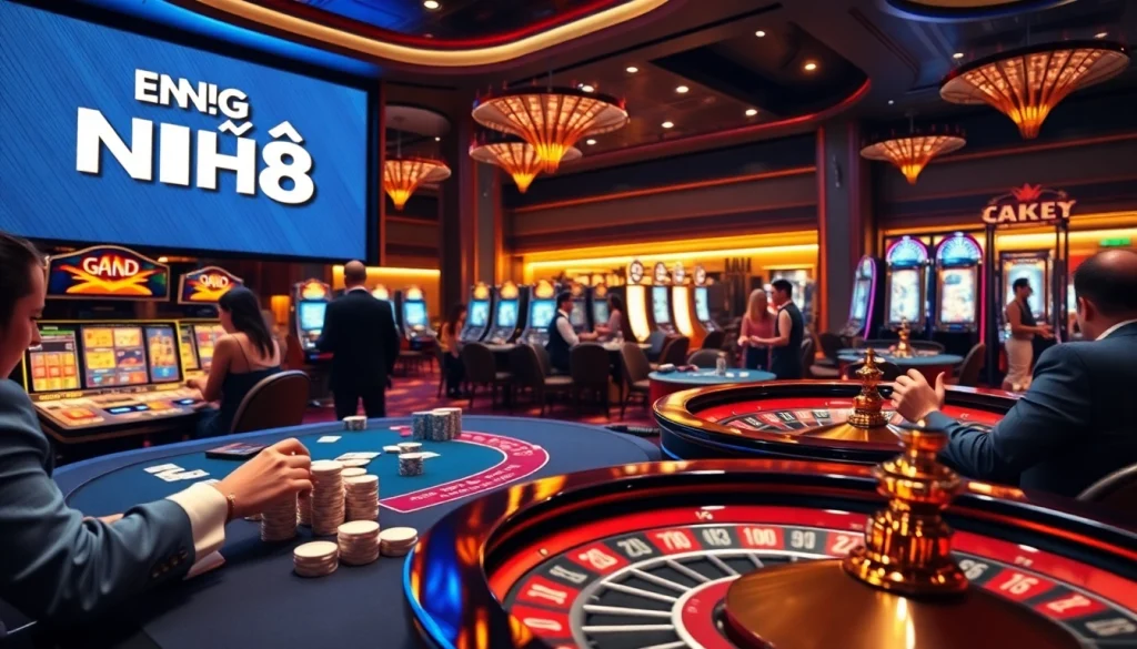Experience the thrill of gambling with ĐĂNG NHẬP B8 at a luxurious casino, featuring tables, cards, and excitement.