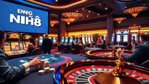 Experience the thrill of gambling with ĐĂNG NHẬP B8 at a luxurious casino, featuring tables, cards, and excitement.