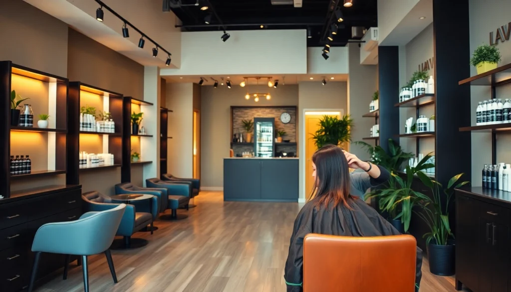 Modern hair salon San Diego with a stylist cutting hair in a cozy, eco-friendly setting.