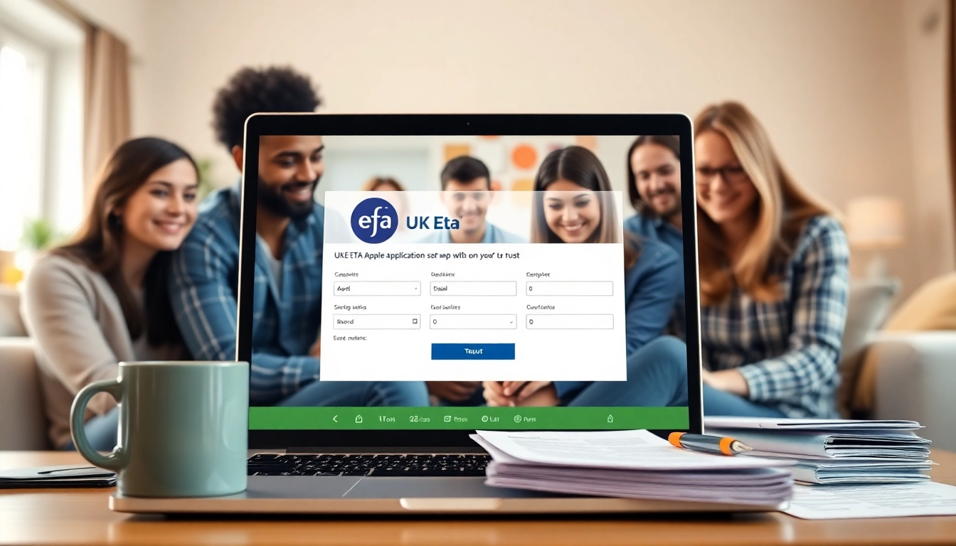 Engaging scene of individuals using the uk eta online application on a laptop in a warm setting.
