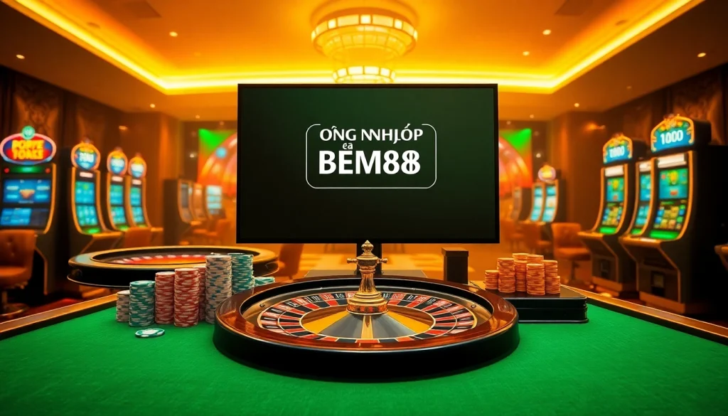 Engaging users as they focus on ĐĂNG NHẬP BEM88 amidst exciting casino visuals including slot machines.