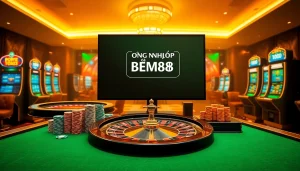 Engaging users as they focus on ĐĂNG NHẬP BEM88 amidst exciting casino visuals including slot machines.