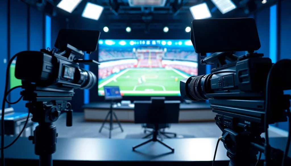 Engaging sports broadcasting studio setup highlighting advanced equipment and dynamic visuals.