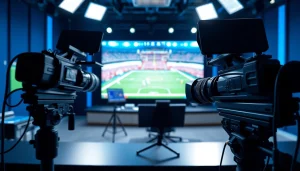 Engaging sports broadcasting studio setup highlighting advanced equipment and dynamic visuals.