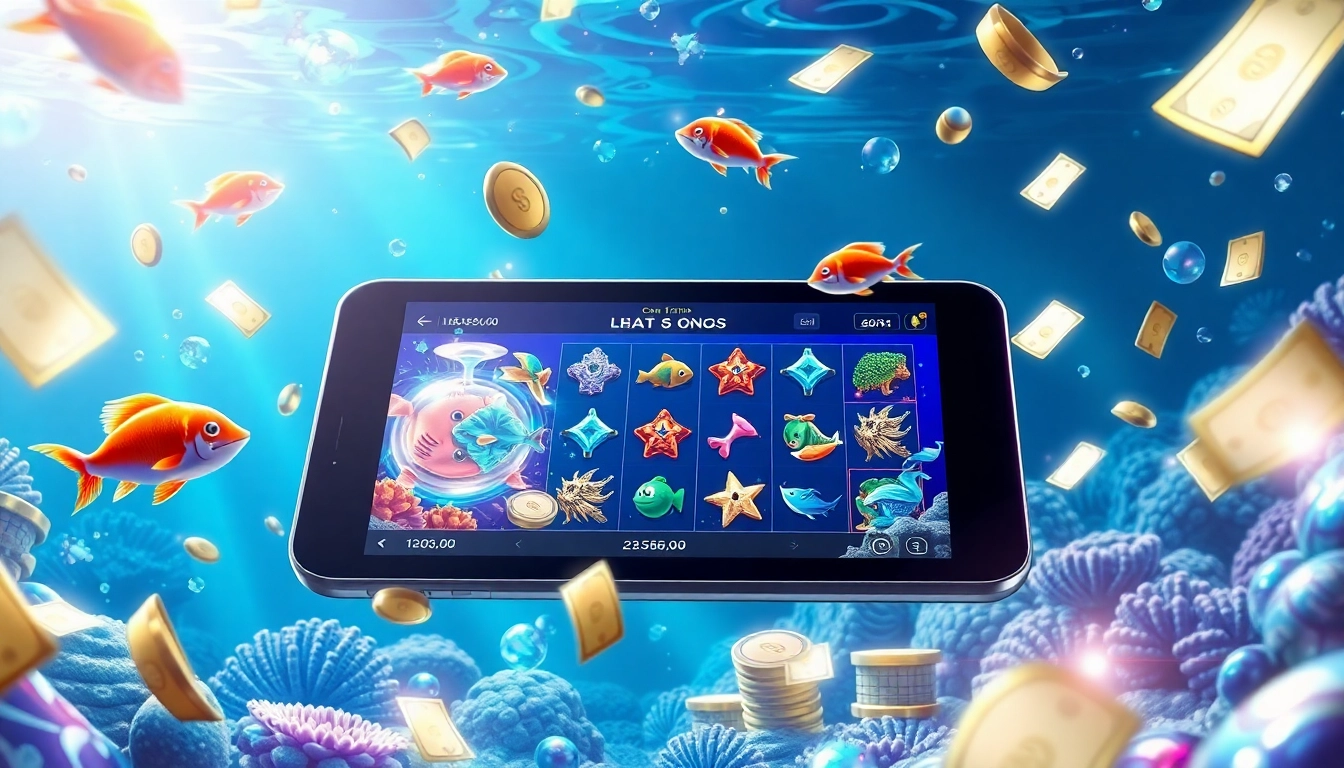 Bắn cá đổi thưởng game interface surrounded by vivid underwater visuals and sparkling dollar signs.