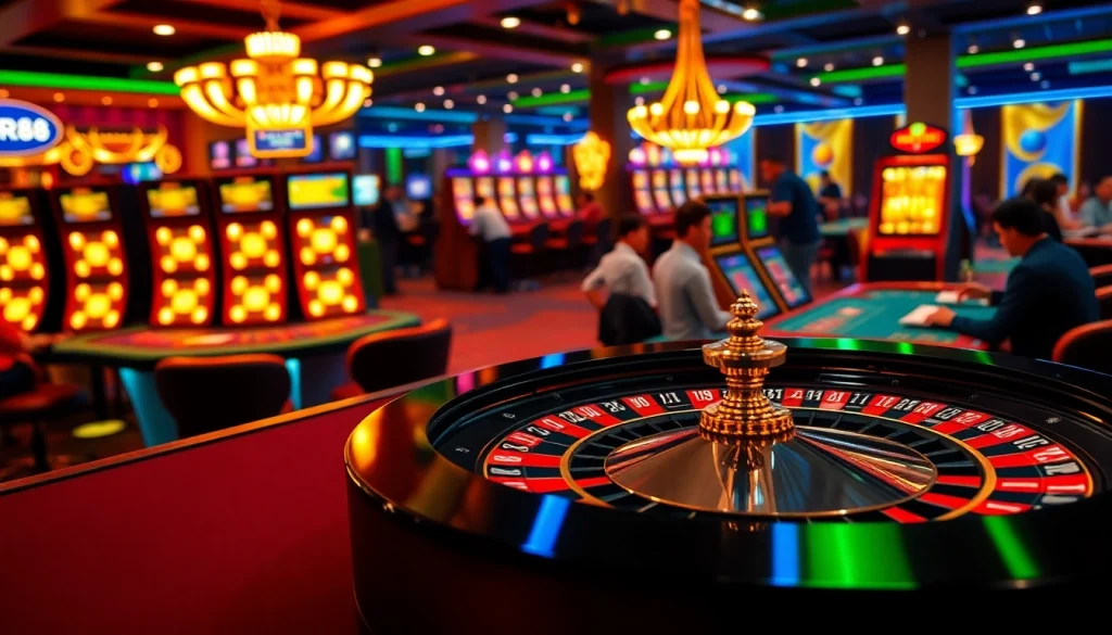 Players enjoying exciting roulette games at RR88 casino, illuminated by vibrant lights.