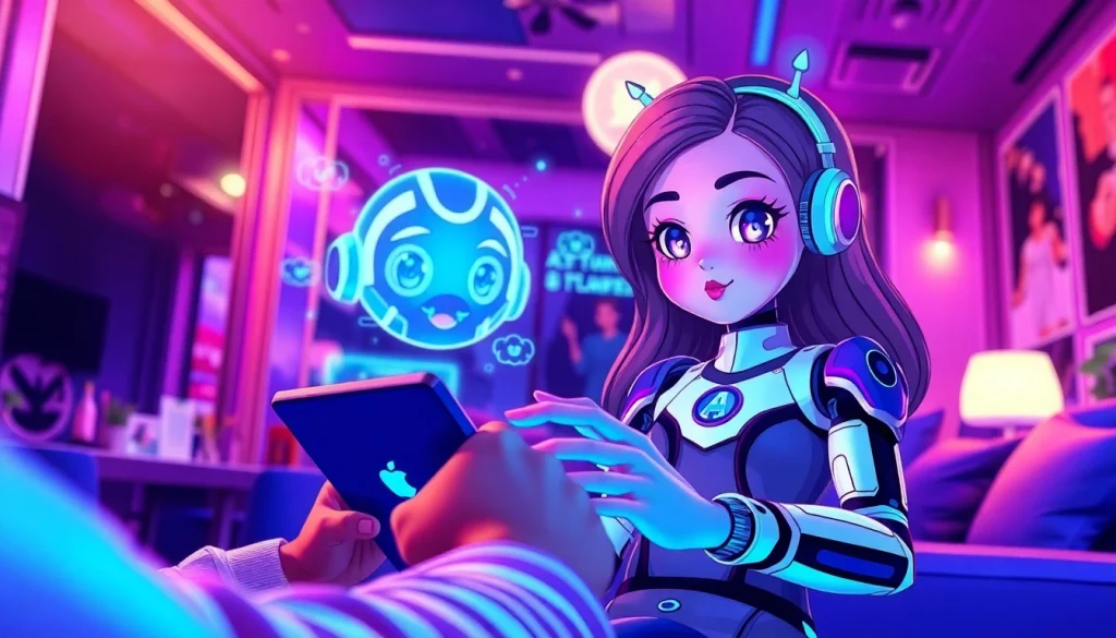 Interactive CrushOn AI chat with a friendly animated character in a cozy digital lounge.