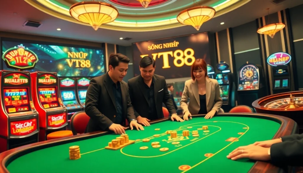 Engaging players at a poker table showcasing ĐĂNG NHẬP VT88 in a luxurious casino setting.