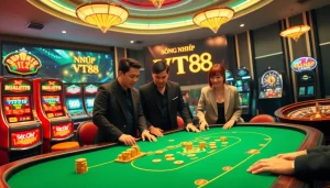 Engaging players at a poker table showcasing ĐĂNG NHẬP VT88 in a luxurious casino setting.