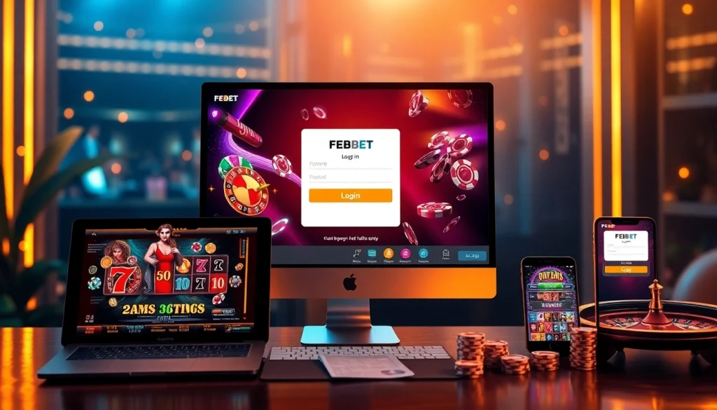 Logging in to FEBET for an exciting online gambling experience with vibrant casino visuals.
