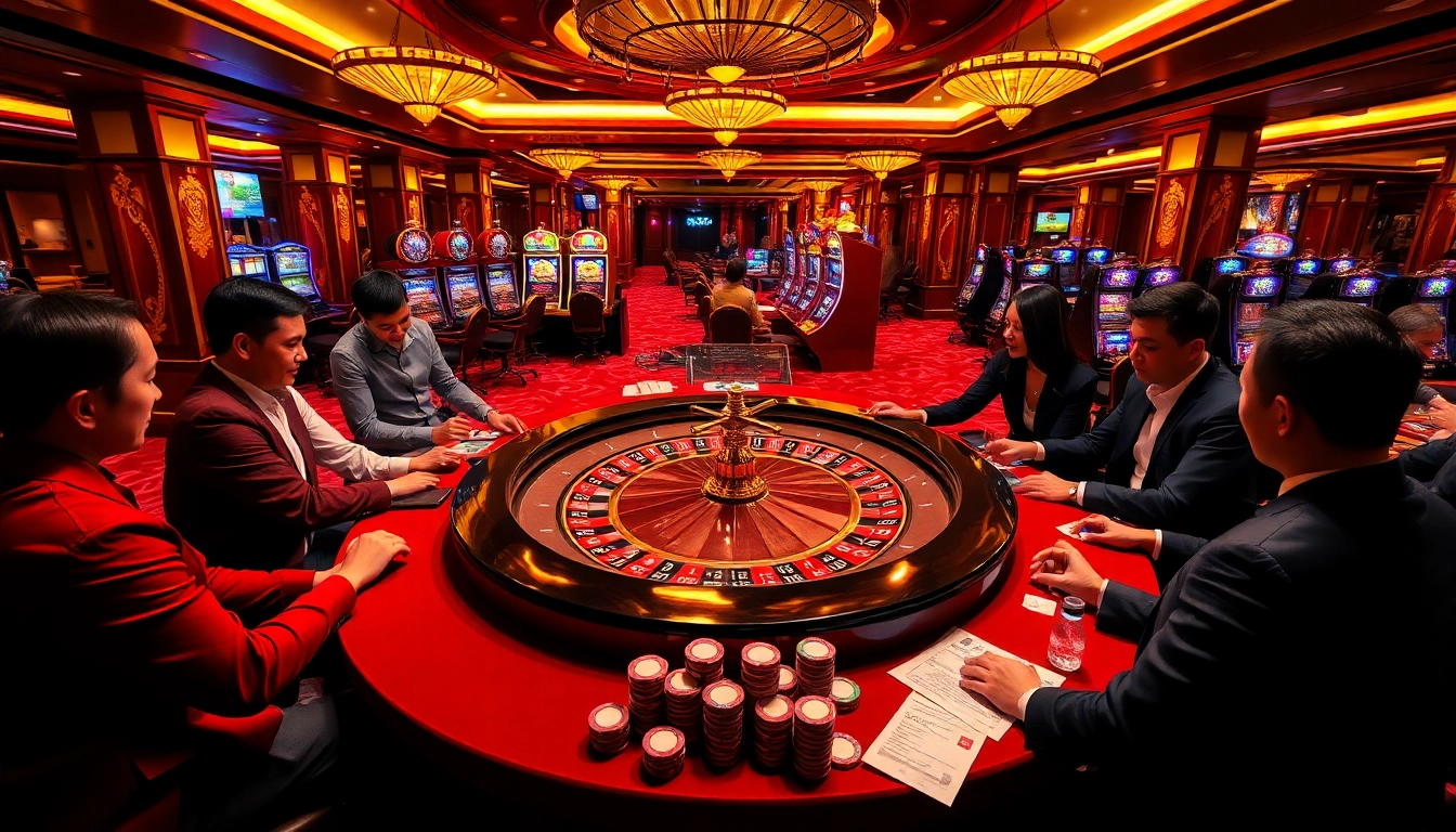 Join the action with link vào 98win, featuring a vibrant casino scene with roulette and poker.