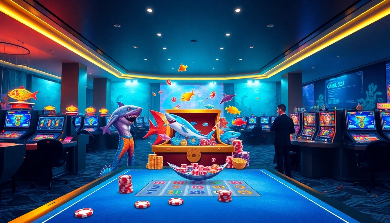 Bắn cá đổi thưởng game featuring vibrant marine life and 3D graphics, celebrating casino excitement.