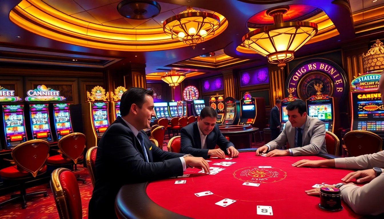 A thrilling poker game at https://king88hz.vip/ showcasing luxury casino elements with vibrant slot machines and elegant decor.