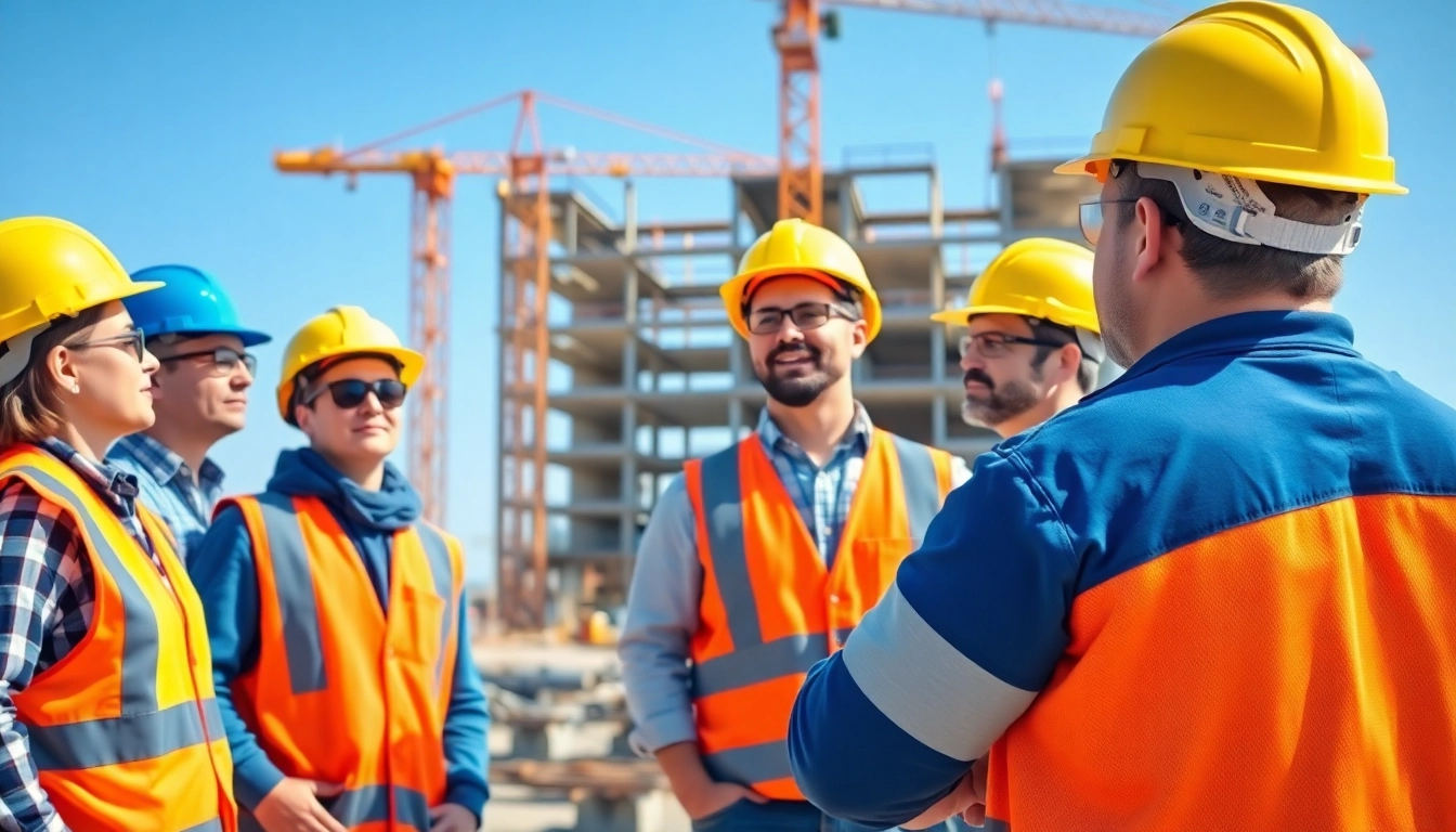 Ensure safety with construction safety programs at a bustling job site featuring workers in safety gear.