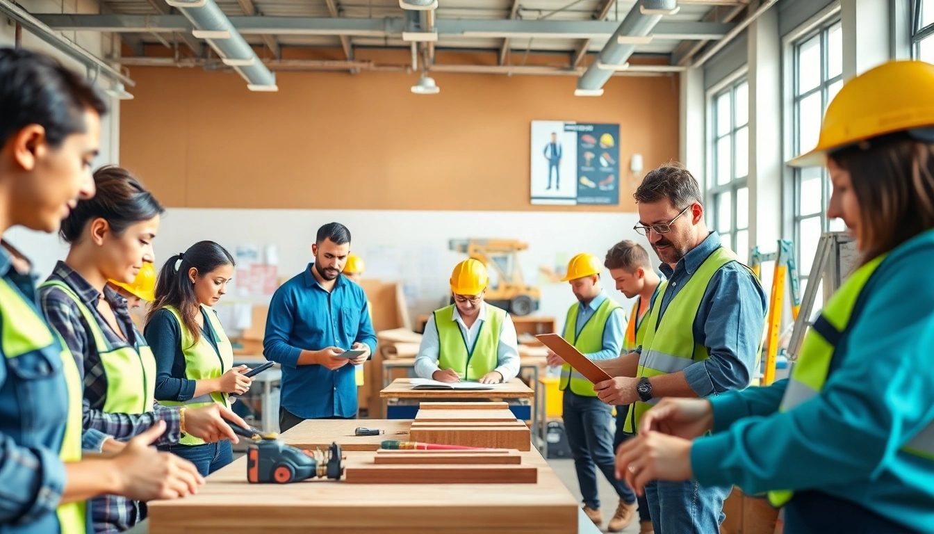 Engaged trainees participating in construction craft training using tools in a bright workshop.