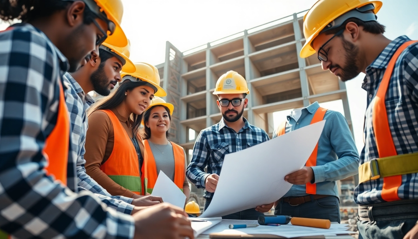 Construction apprenticeship at worksite with diverse apprentices reviewing blueprints.