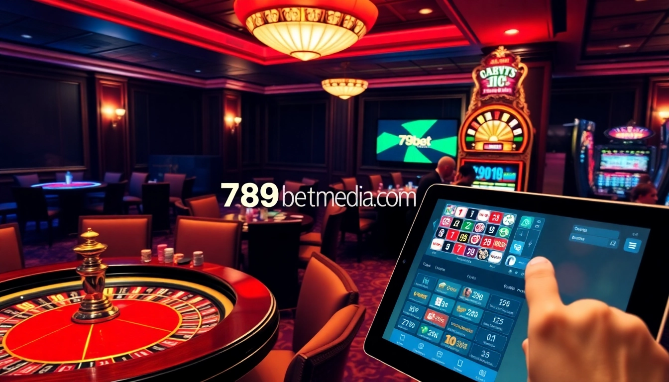 Engaging casino scene showcasing 789betmedia.com with poker chips, roulette, and online gambling.