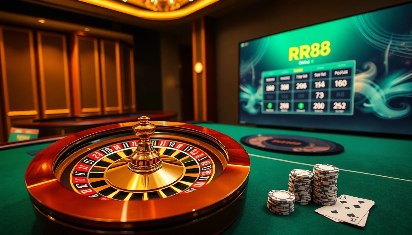 Experience the excitement of RR88 with a luxurious casino atmosphere featuring roulette and poker elements.
