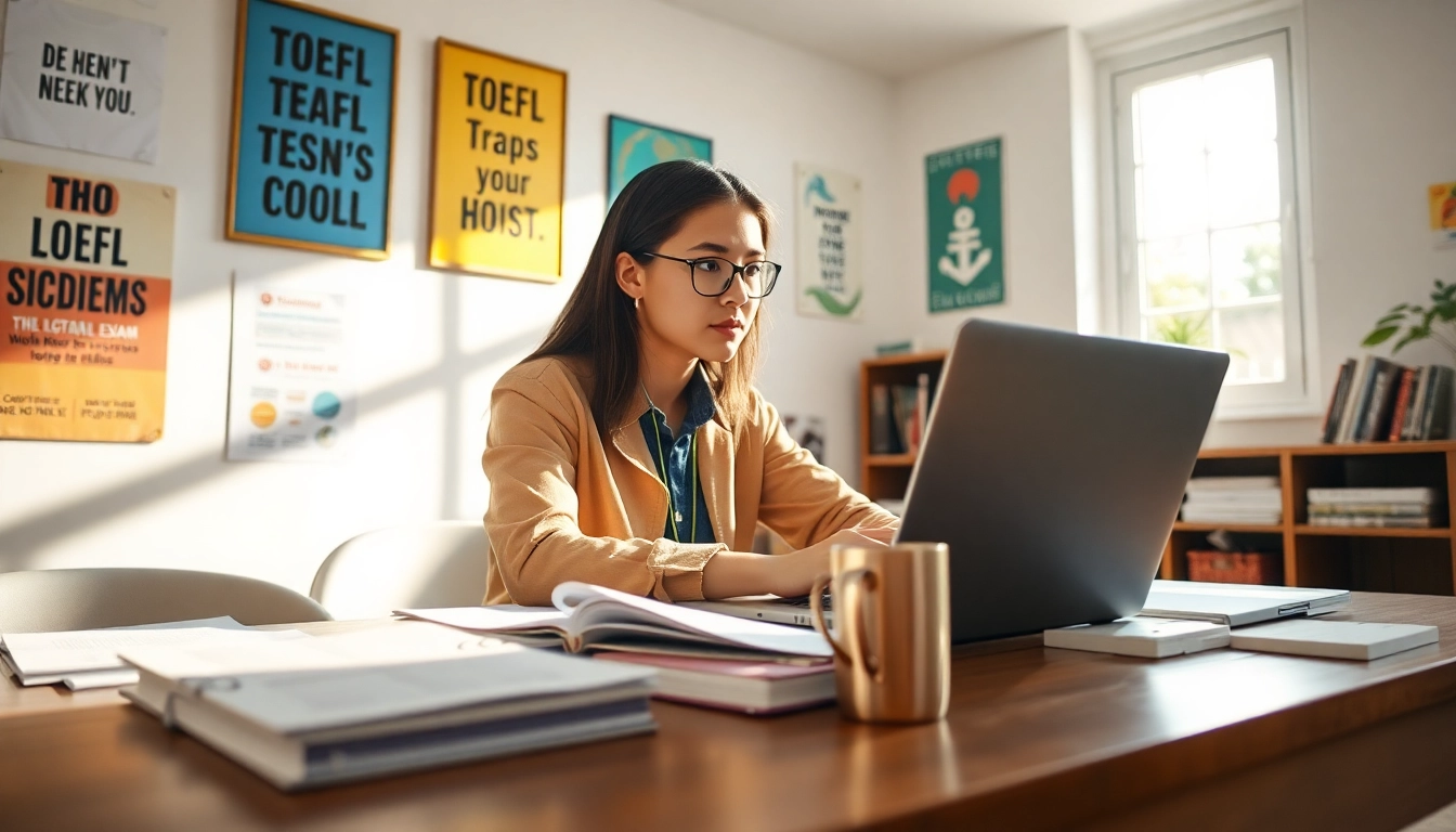Pay someone to take TOEFL with a student studying intently at a desk full of resources.