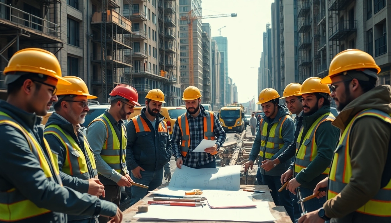 Construction career teamwork in a busy urban site, showcasing skill and collaboration.