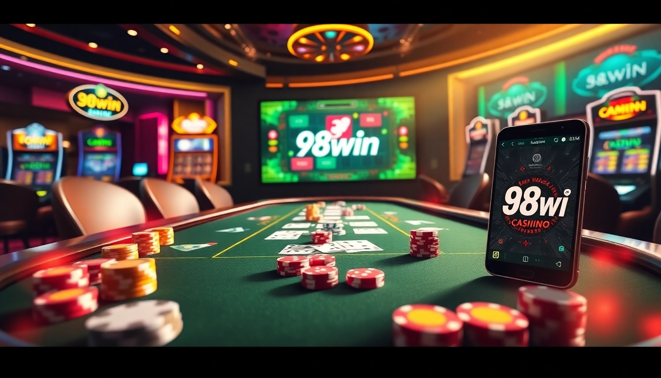 Engage with 98win's exciting online gambling platform featuring vibrant casino tables and poker chips.