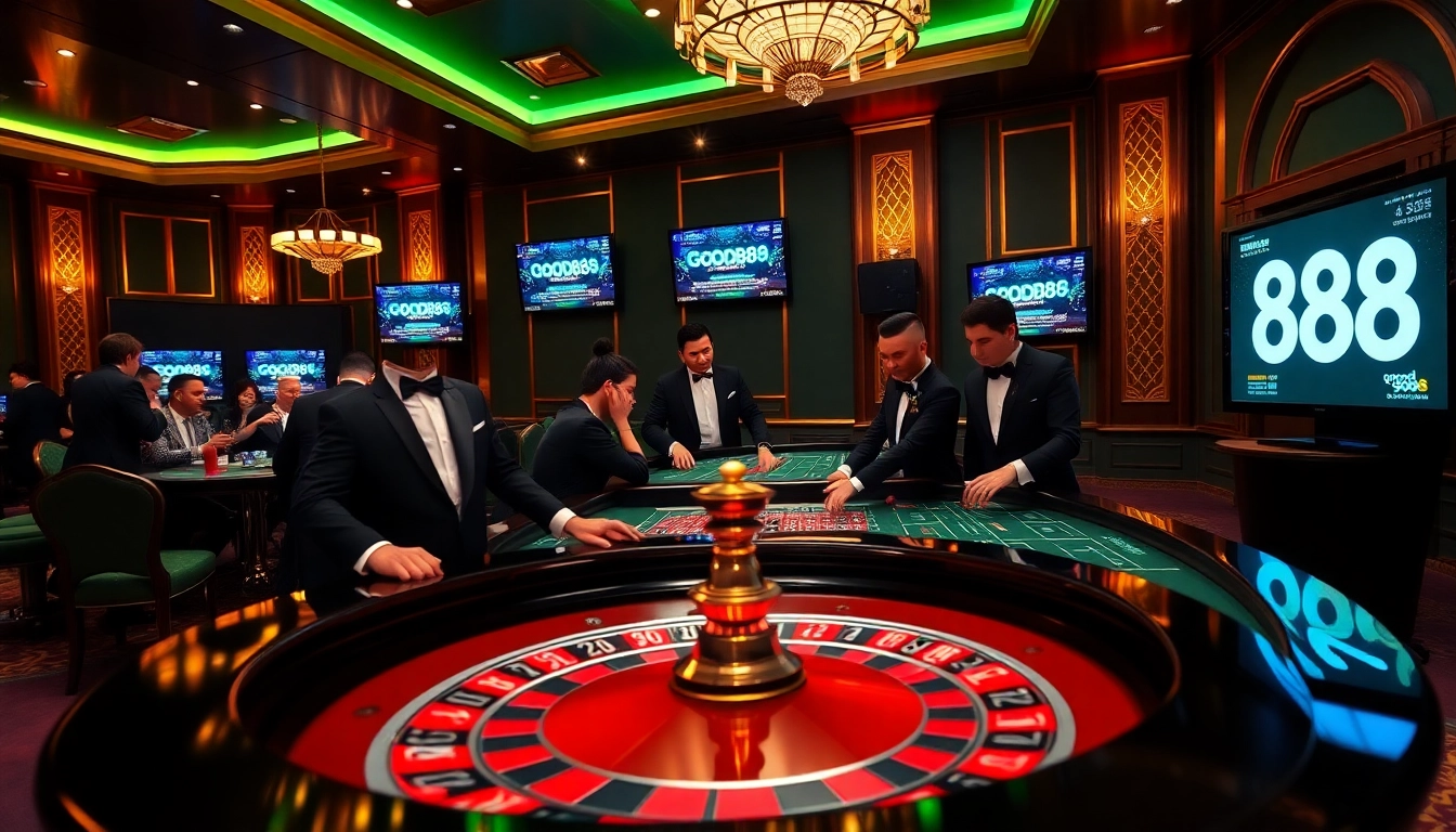Engaging players experiencing excitement at the good88 online casino with roulette and vibrant decor.