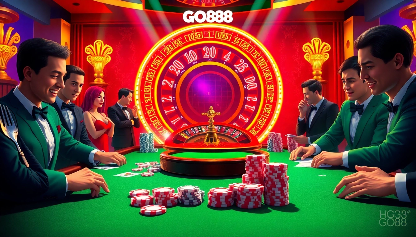 Engaging scene of gamblers enjoying GO88 poker at a luxurious casino table with vibrant decorations.