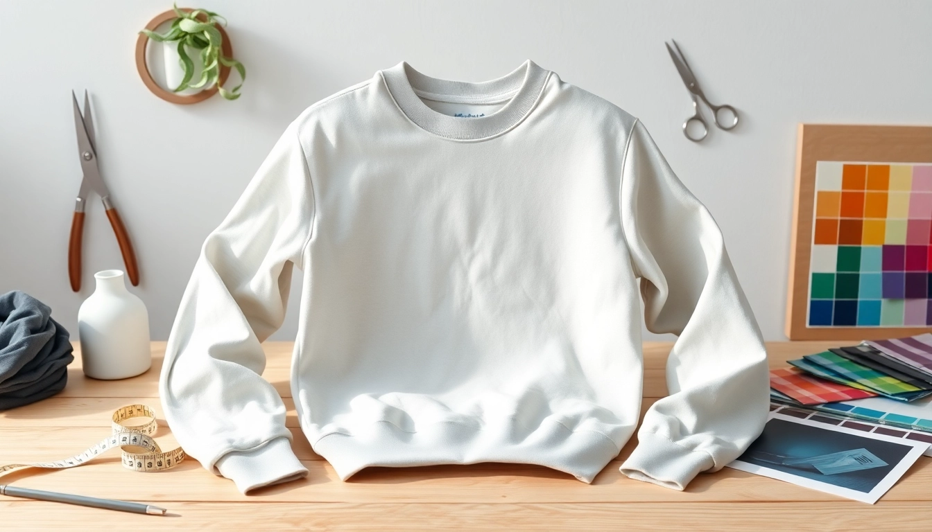 Showcasing a blank crewneck sweatshirt on a table with sewing tools, highlighting quality fabric and design.