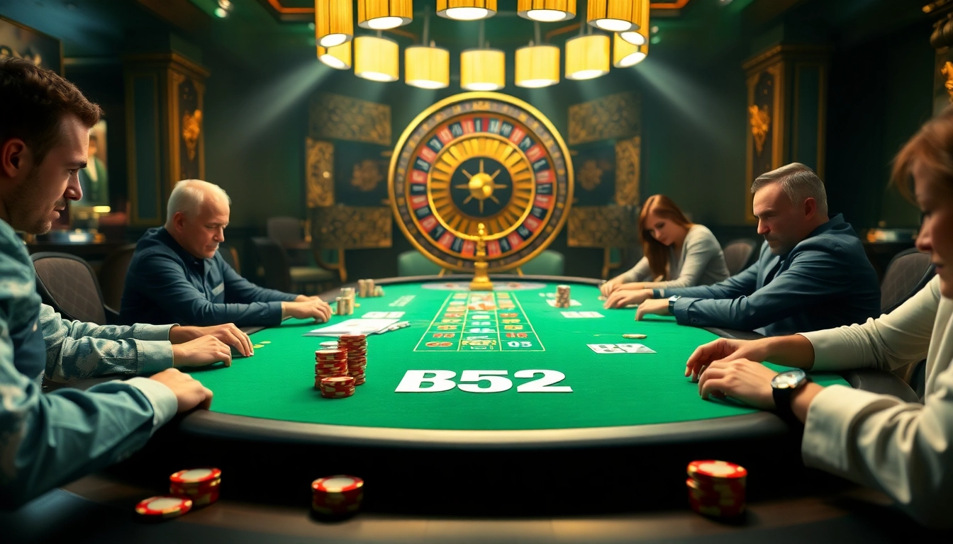 B52 poker players engaging in a high-stakes game with vibrant chips and cards.