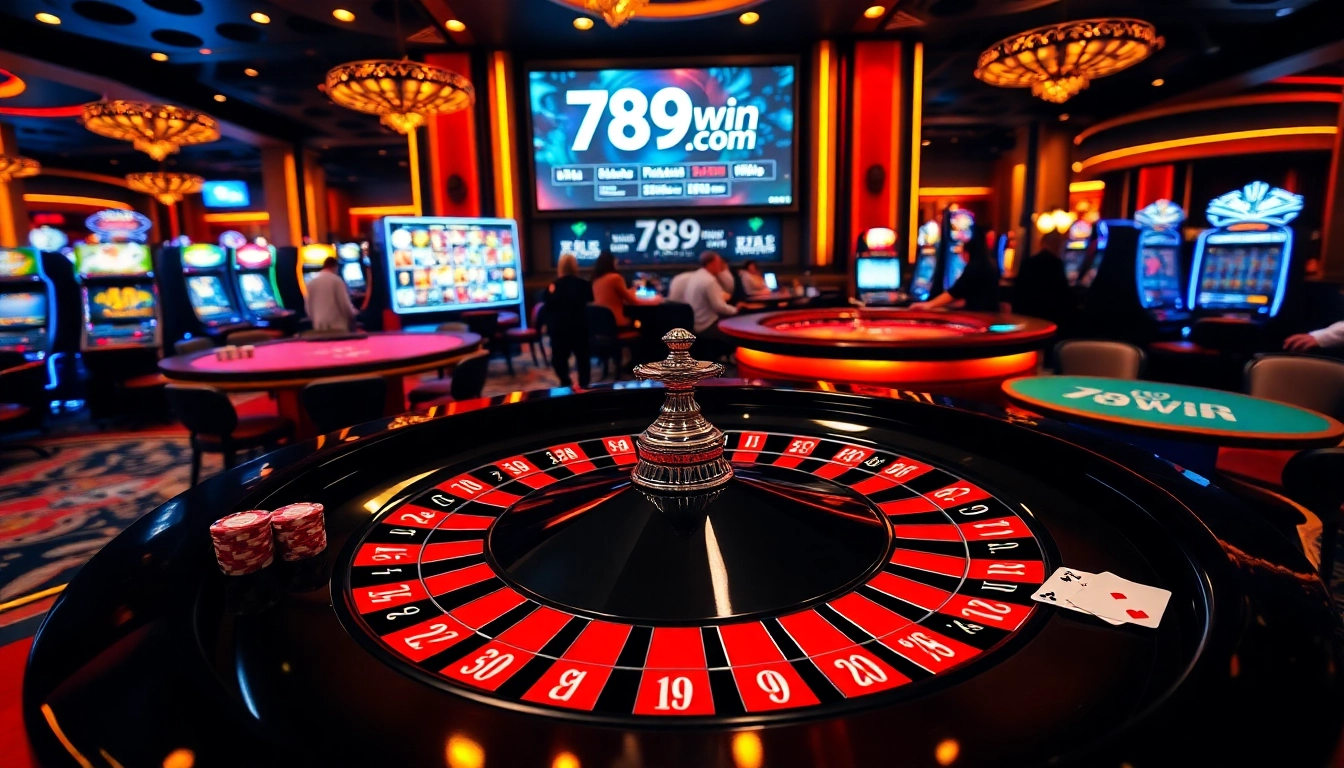 Action-packed gambling scene at 789win com with roulette, poker chips, and players.