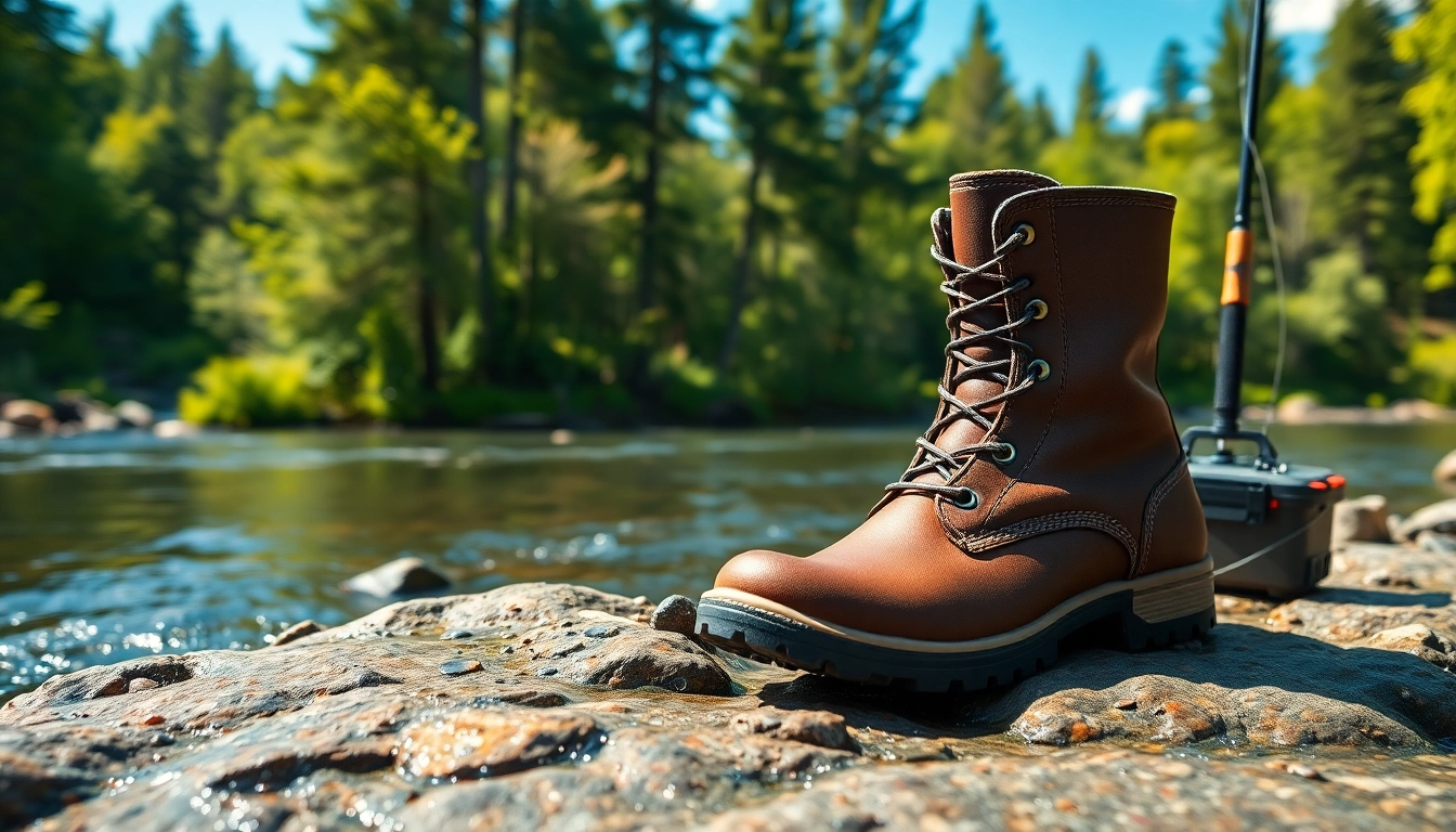 Fly fishing boots resting on a rocky riverbank, showcasing waterproof features and rugged design.