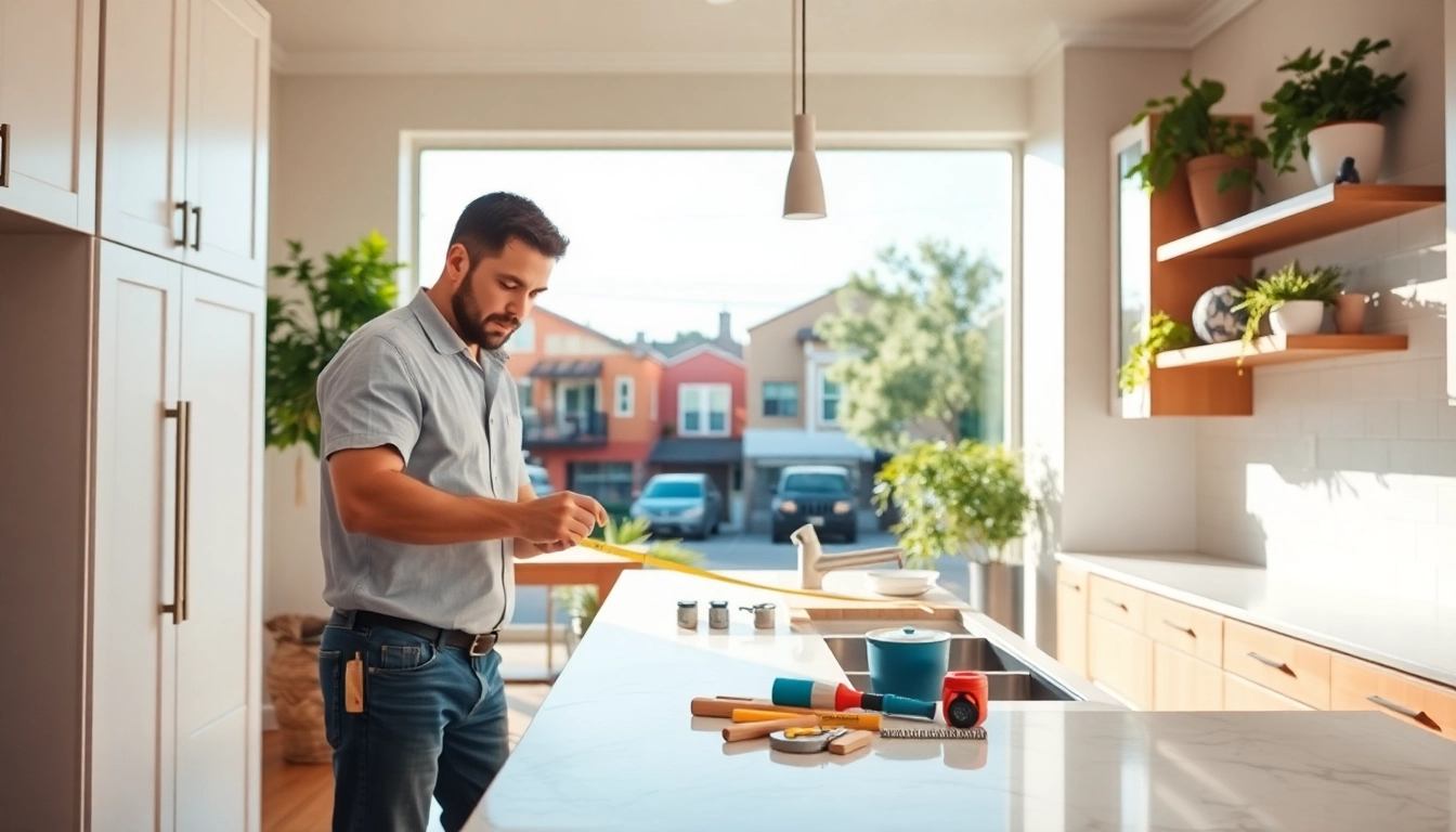 Experienced remodel contractor near me Austin measuring kitchen cabinets in a bright, modern renovation.